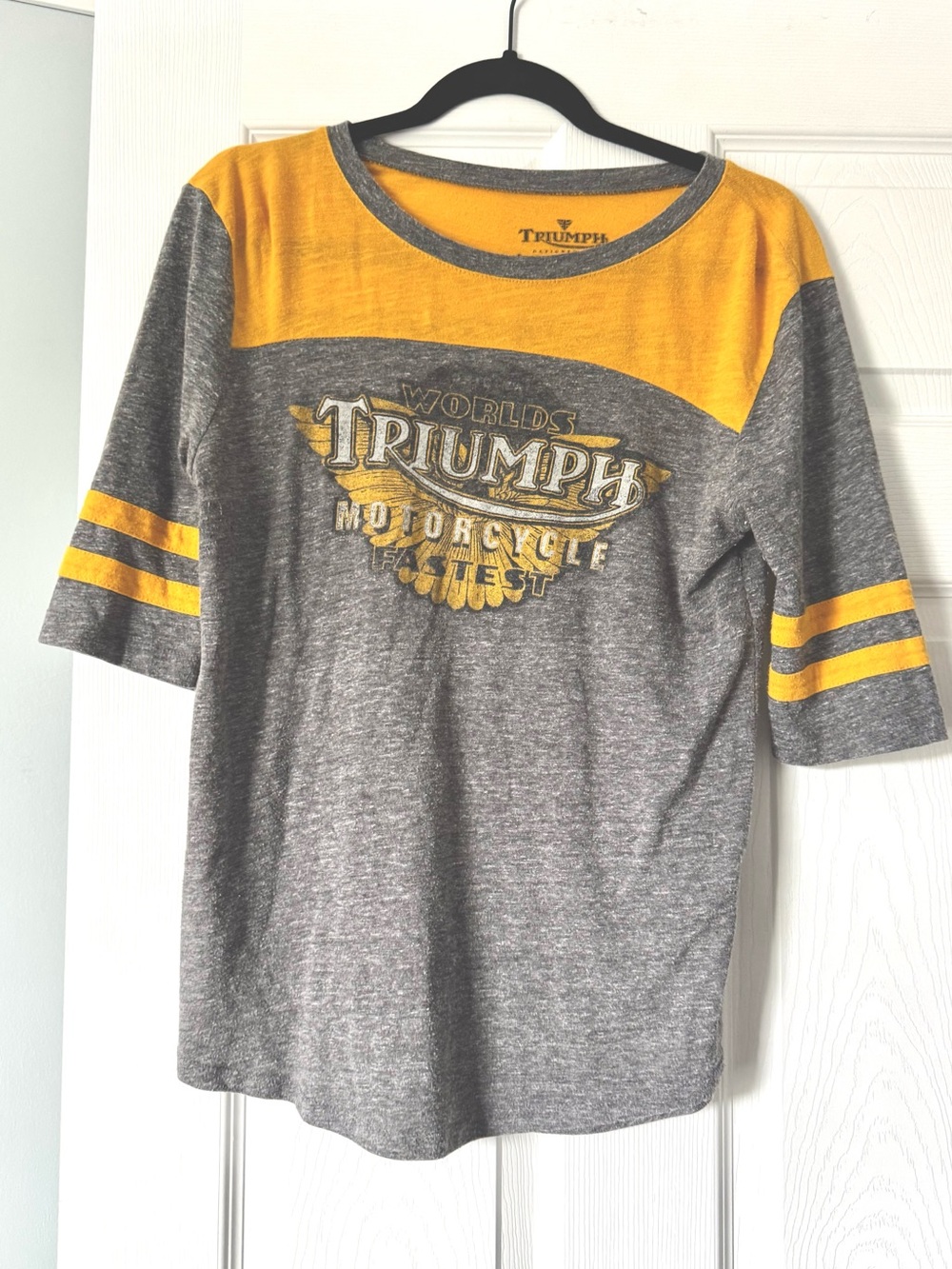 Lucky Brand Triumph Motorcycle Tee shirt womens medium ringer varsity vintage